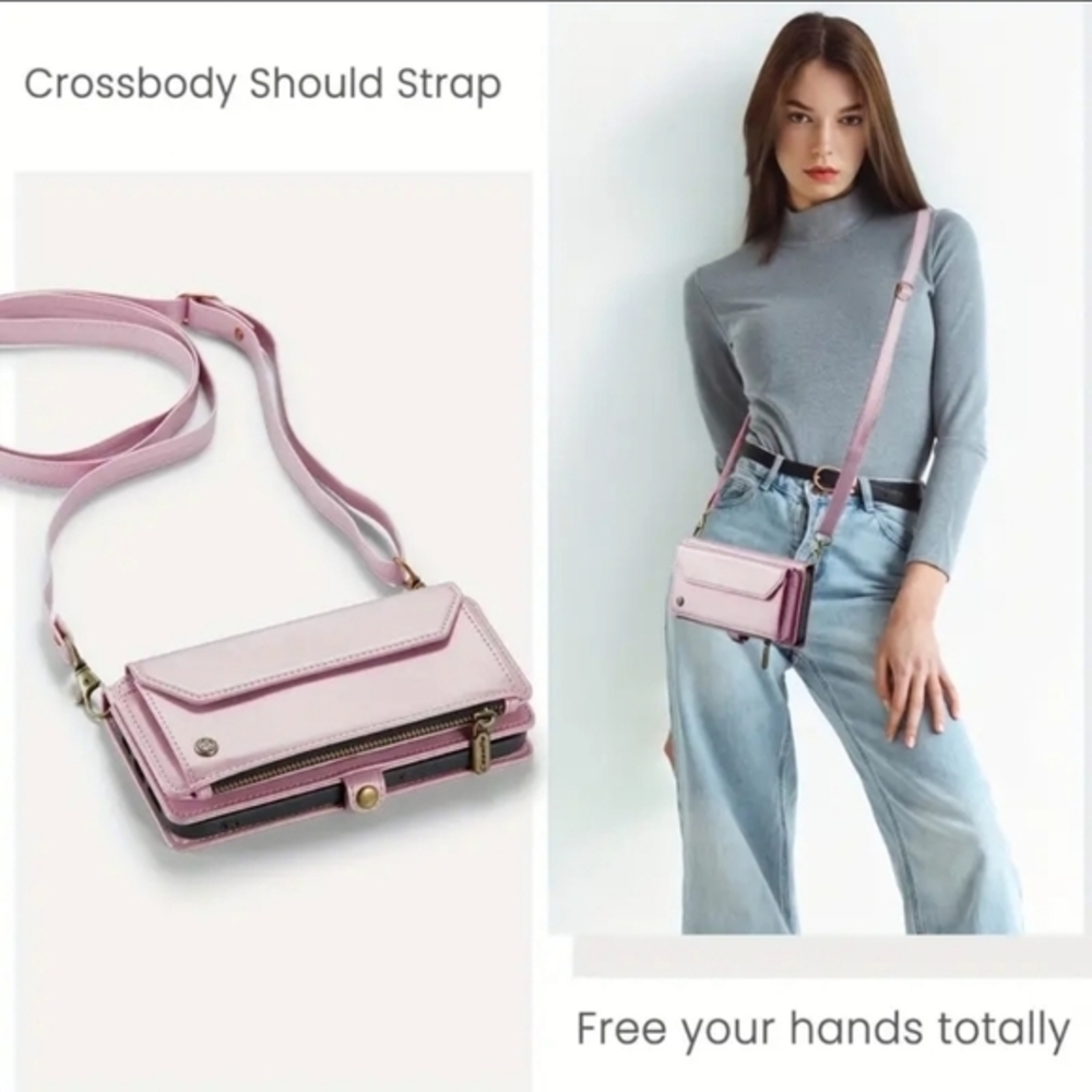 Galaxy Z Fold Wallet Card Holder Phone Case/Crossbody Bag Leather Pink S21 Plus - Picture 6 of 10
